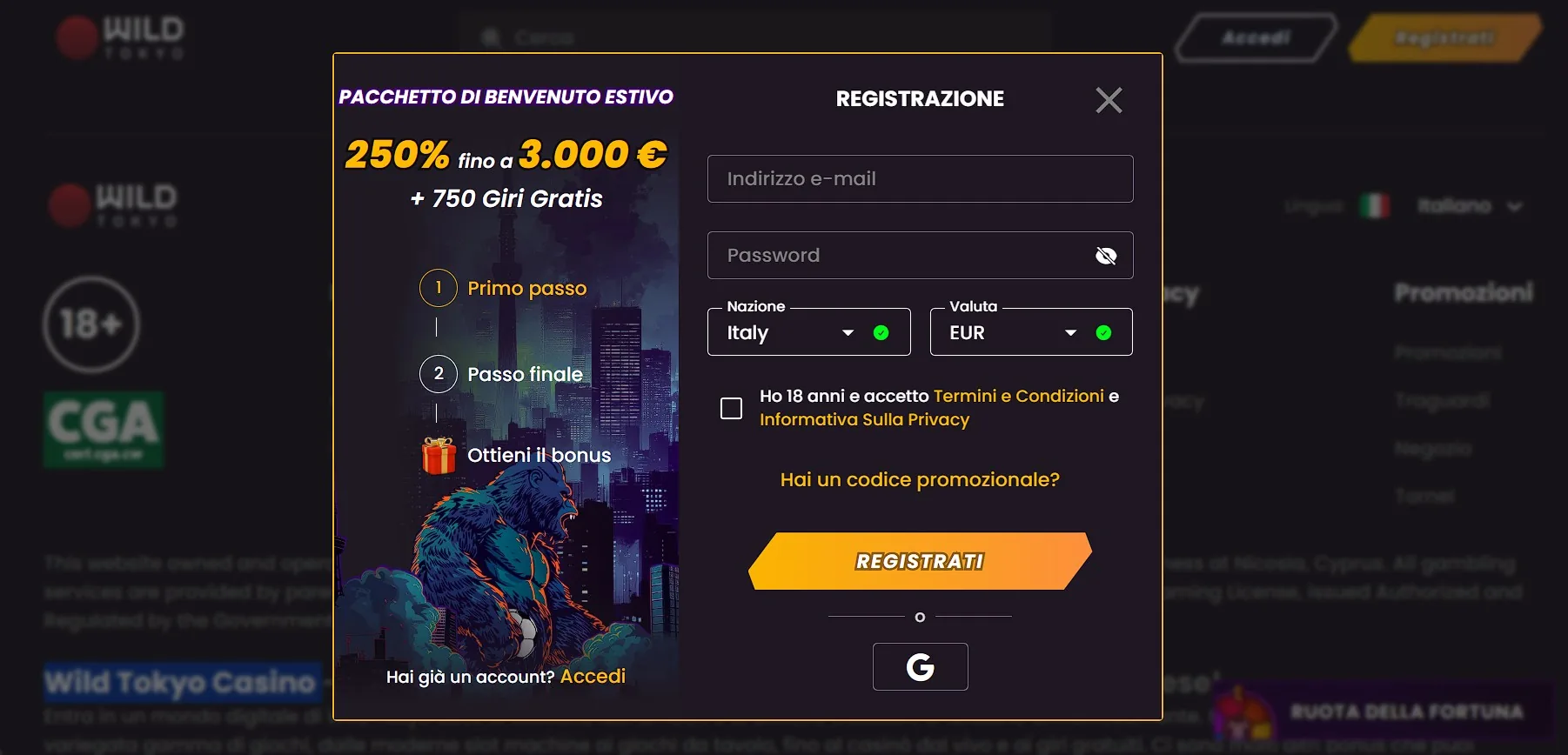 Wild Tokyo Casino, il pacchetto di benvenuto del 250% fino a 3000 euro e 750 giri per l'Italia